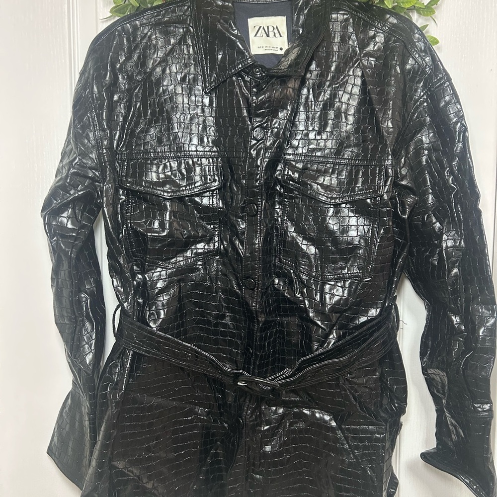 Zara Shiny Black Croc-Embossed Trench Coat